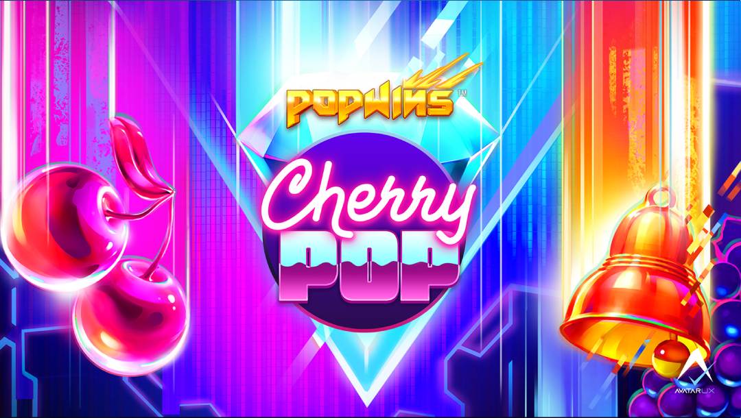 The title screen for the CherryPop slot game, featuring the game name in bold, neon letters. Two cherries float on the left-hand side of the screen, and a bell floats on the right. The entire image has a neon and chrome look.