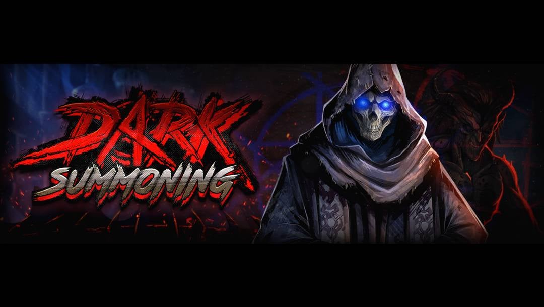The Dark Summoning banner with an undead character in rooms with a shadowy demon behind him. The game title is visible in bold red and grey writing on the left.