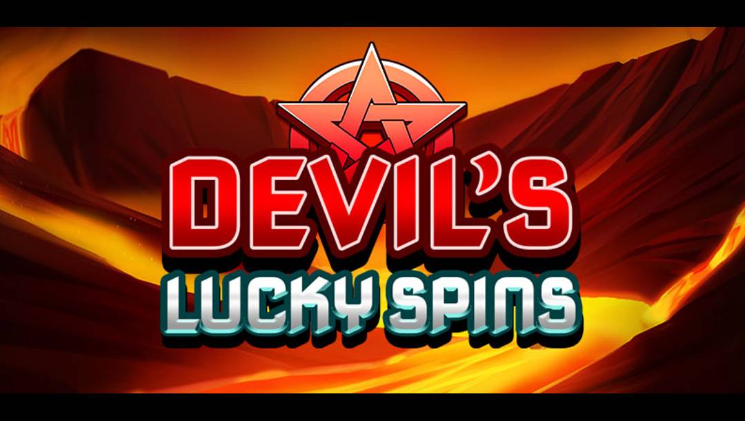 The Devil’s Lucky Spins title screen. The background is a rocky chasm filled with lava. The foreground features the game logo and game title in two types of bold font.
