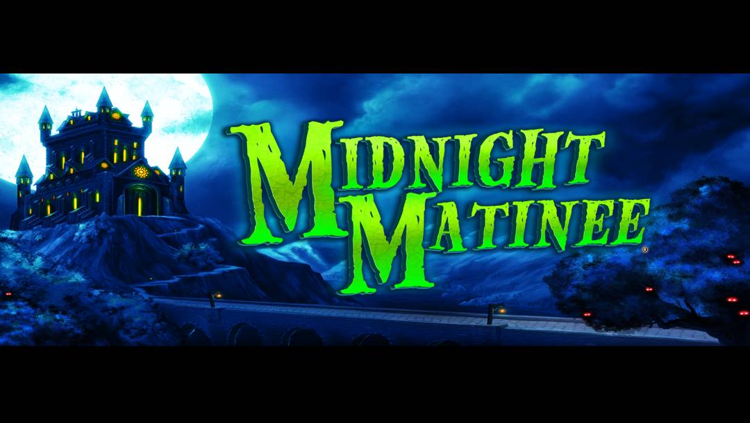 A large, glowing green "Midnight Matinee" game title appears over a dark, moonlit castle on a hill with a stone bridge and trees in the foreground.