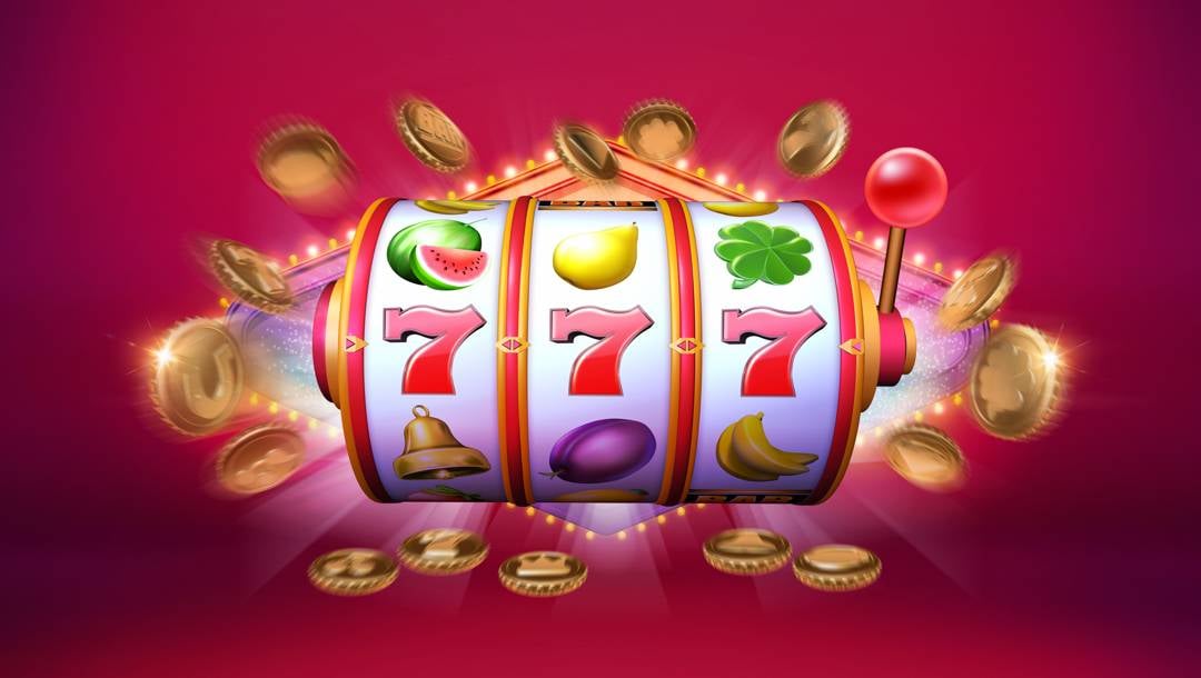 A slot reel with red sevens across the middle reel and various other classic slot symbols on the reels above and below. It has a slot machine lever on the right and is set against a diamond-shaped sign with lights and flying coins, against a red backdrop.