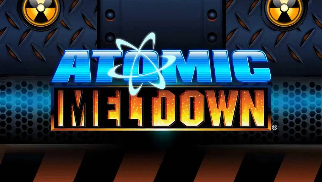 The Atomic Meltdown title screen. The title features the word “Atomic” in bold blue writing with atomic swirls around the “o” and the word “Meltdown” in a bold black, orange, and yellow font below. These are placed against a metallic background with nuclear symbols.
