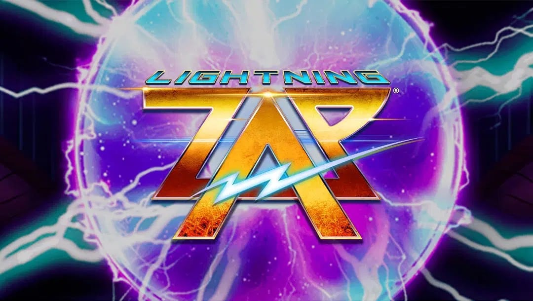 Lightning Zap game title screen with the logo displayed over an electric purple orb in the background. Bright lightning arcs and energy currents radiate outward from the power orb.