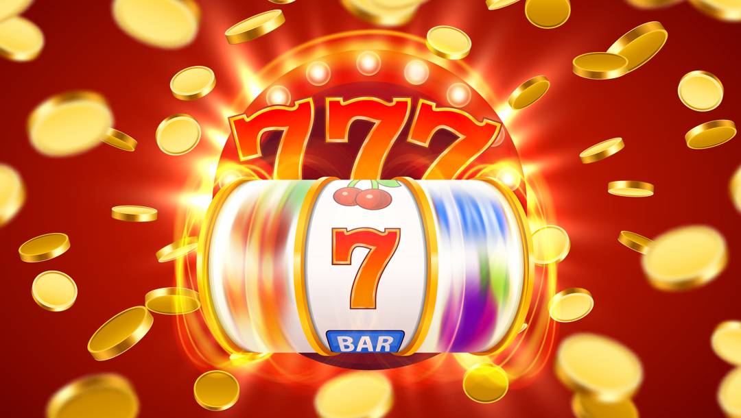A spinning slot reel surrounded by lights and flying golden coins. Three red sevens are visible above the slot reel as well.