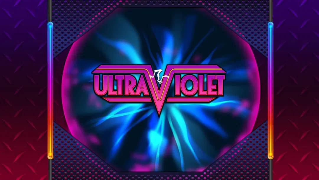 The UltraViolet title screen. The background is a sheet of metal with orange light spilling upwards that slowly fades into black. In the foreground, there is a strange orb with blue energy and purple light around the edge of the orb. The game’s title sits across the blue energy in the orb.