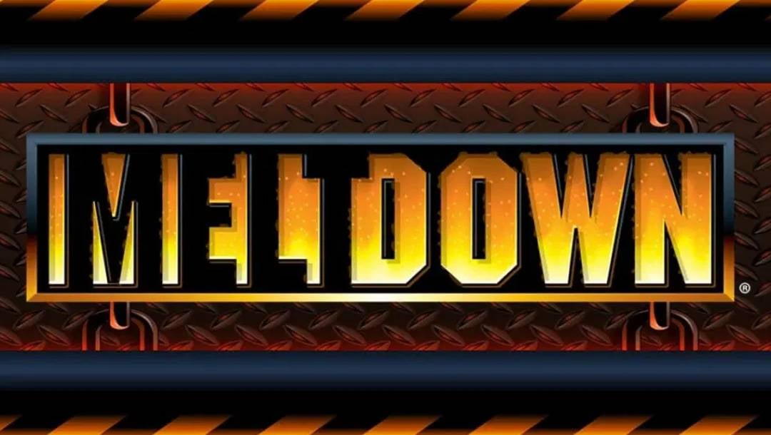 The Meltdown slot title screen. The word “Meltdown” appears against an industrial-style background with metal sheets highlighted by glowing orange light.