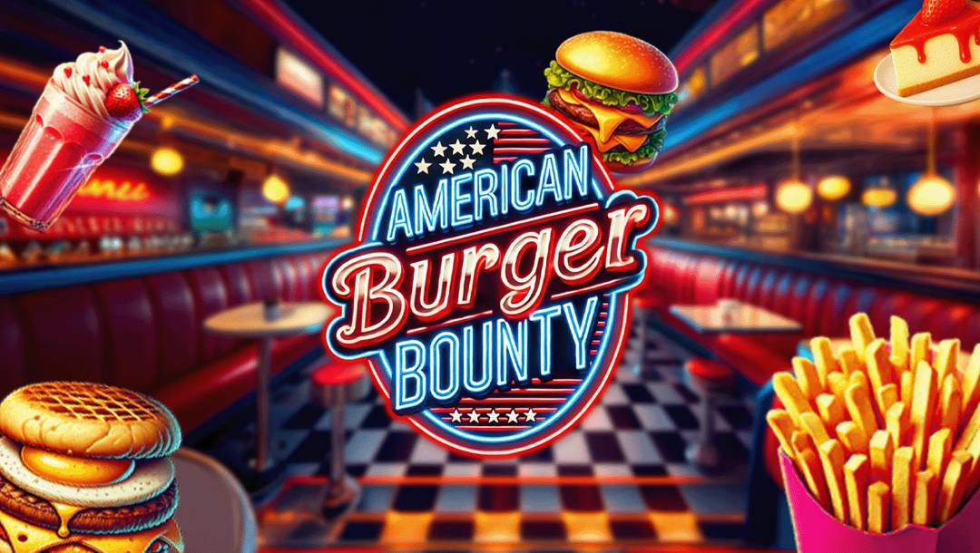 The title screen for American Burger Bounty. The game name is a red, white, and blue neon sign reminiscent of the American flag, and surrounded by icons of burgers, fries, and a milkshake. The backdrop is an old-school diner.