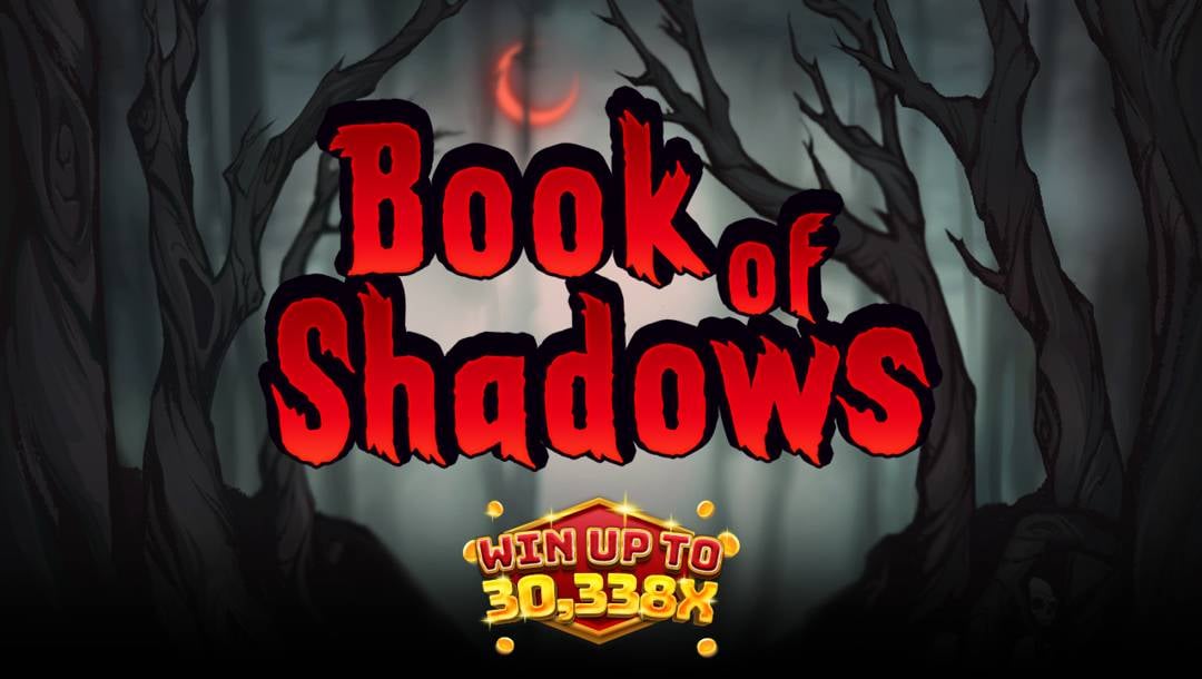 The title “Book of Shadows” appears in front of the silhouettes of trees in a dark forest in red, spooky letters. A blood-red crescent moon glows in the distance.