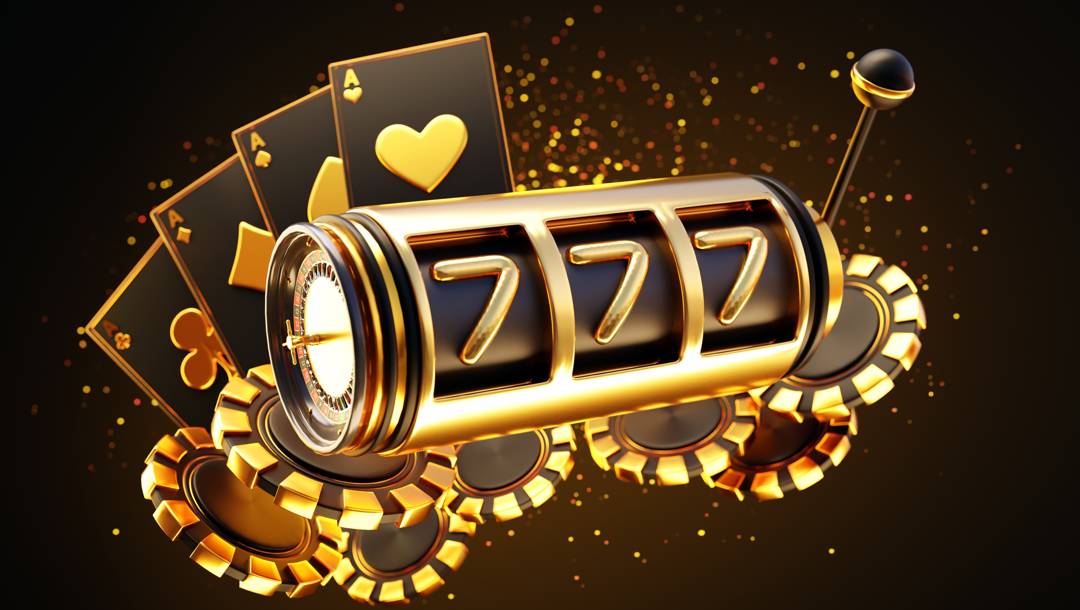 A golden slot reel with a slot lever, surrounded by playing black and gold cards and black and gold casino chips.