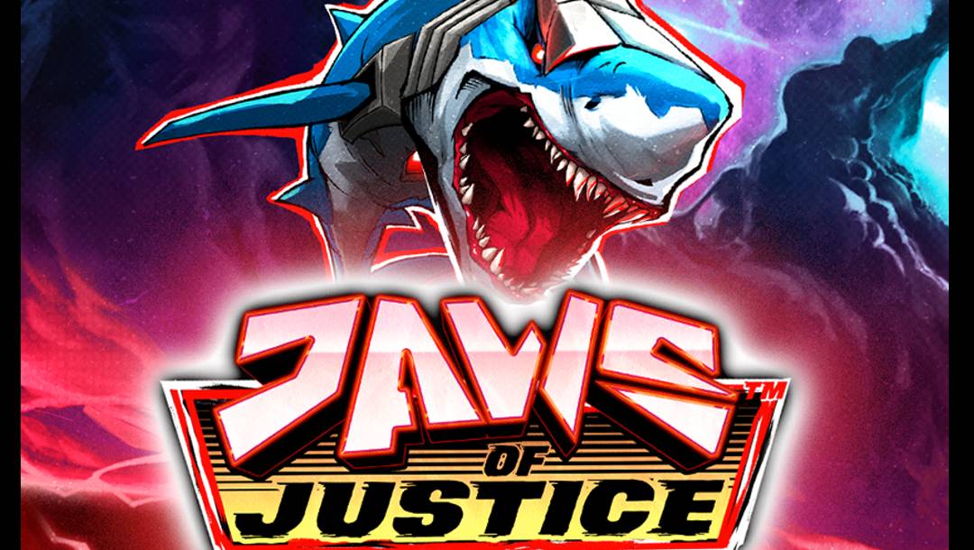 The Jaws of Justice title screen. The background features dark clouds bathed in red light against a cosmic sky. In the foreground, a cybernet shark leaps over the game title with its mouth open and teeth bared.