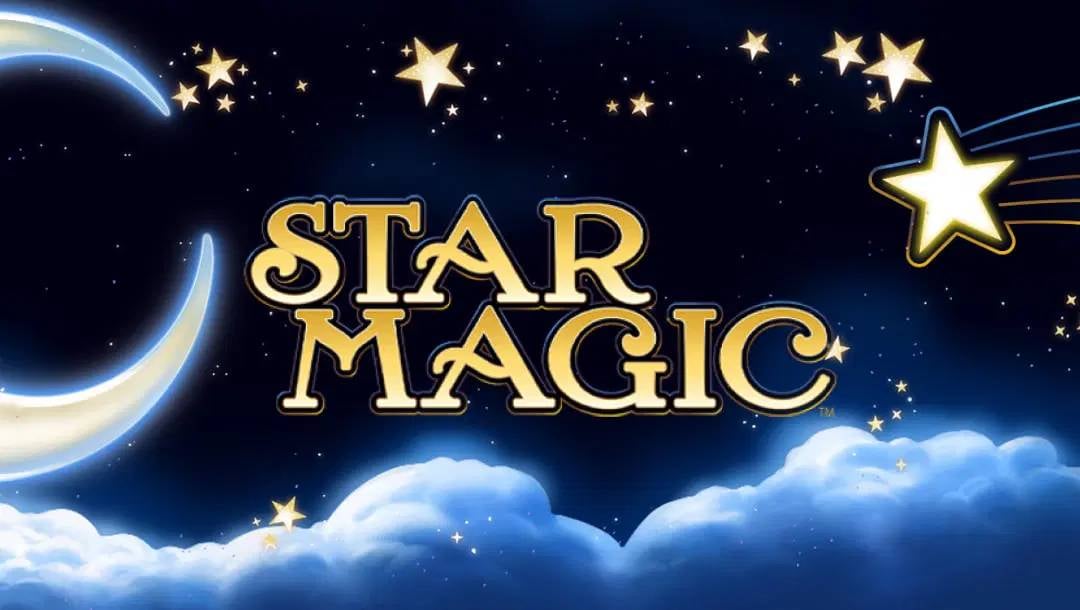 The Star Magic title screen. The background is a starry sky with a crescent moon. The light from the moon bounces off white fluffy clouds. Above the clouds is the game title with a shooting star flying towards it.