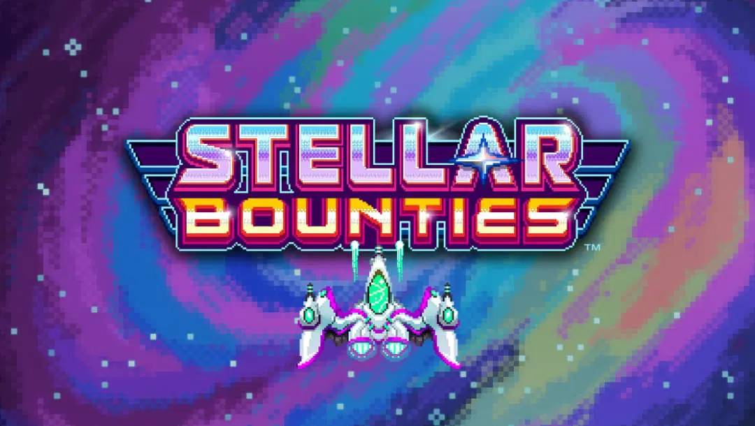 The Stellar Bounties title screen in an 8-bit art style. The background is a swirling galaxy made up of bright colours. The foreground features the game title in bold font with a colour gradient shift, along with a spaceship flying towards the title text.