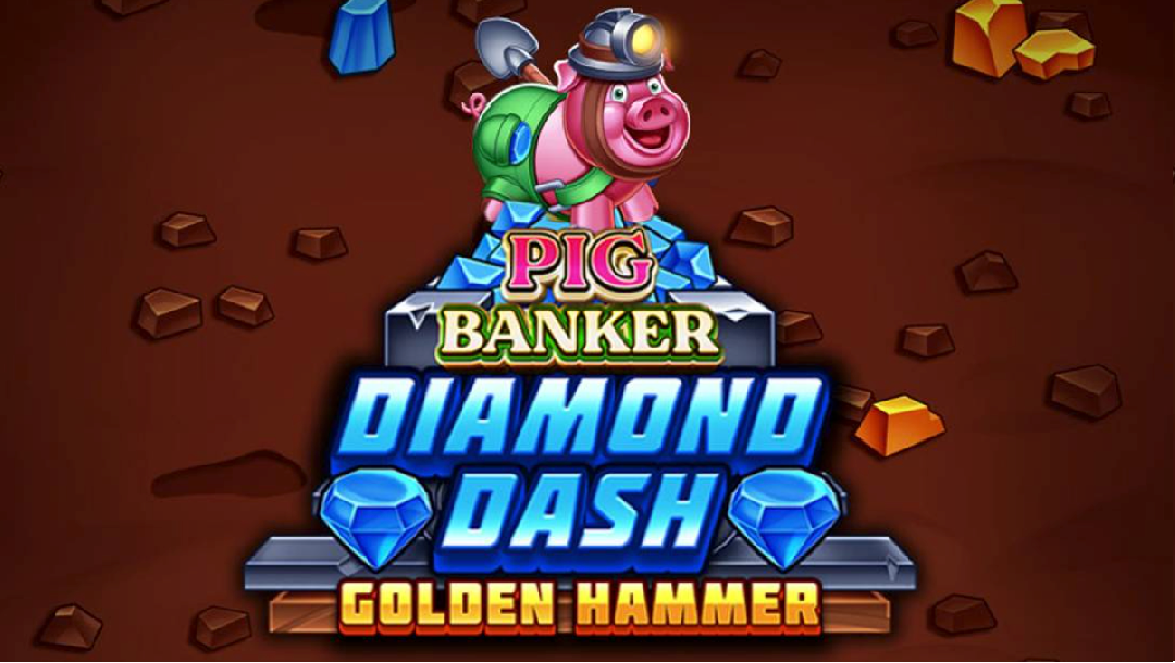 The Pig Banker Diamond Dash Golden Hammer title screen. A cartoon pig wearing a mining hat stands on top of a pile of diamonds in front of railway tracks. Behind the pig is a wall of dirt with gold and diamonds.