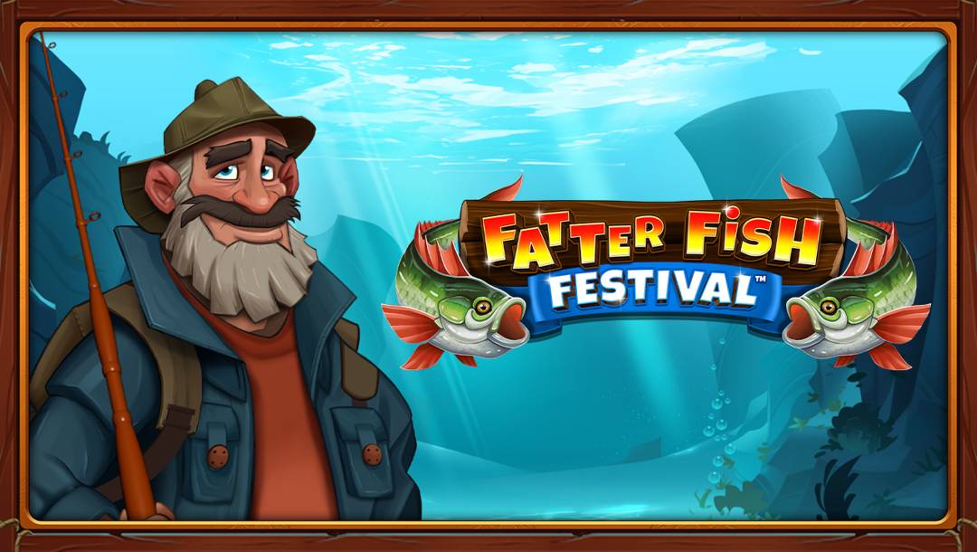 The Fatter Fish Festival slot header. The image is surrounded by a wooden frame. Inside the frame is a fisherman with a fishing rod. To his left is the game title with two fish on either side. This is set against an underwater background, with light piercing through the ocean surface and striking the ocean floor.