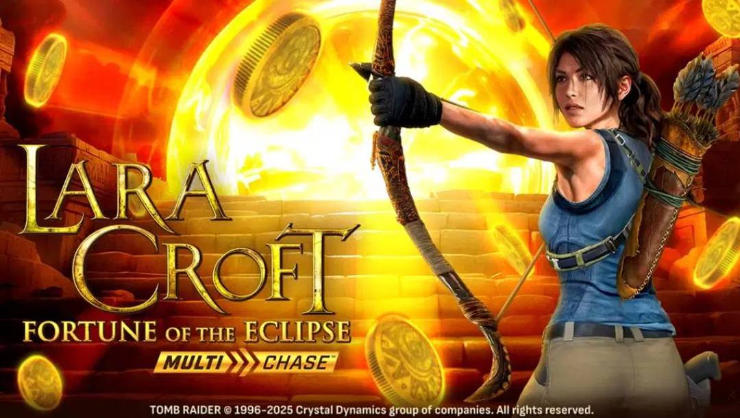 The Lara Croft Fortune of the Eclipse MultiChase header. The background shows a golden portal at the top of stone stairs. Gold coins are flying out of the portal. Lara Croft stands in front of the stairs armed with a bow and arrow. The title is to the left of Lara Croft.