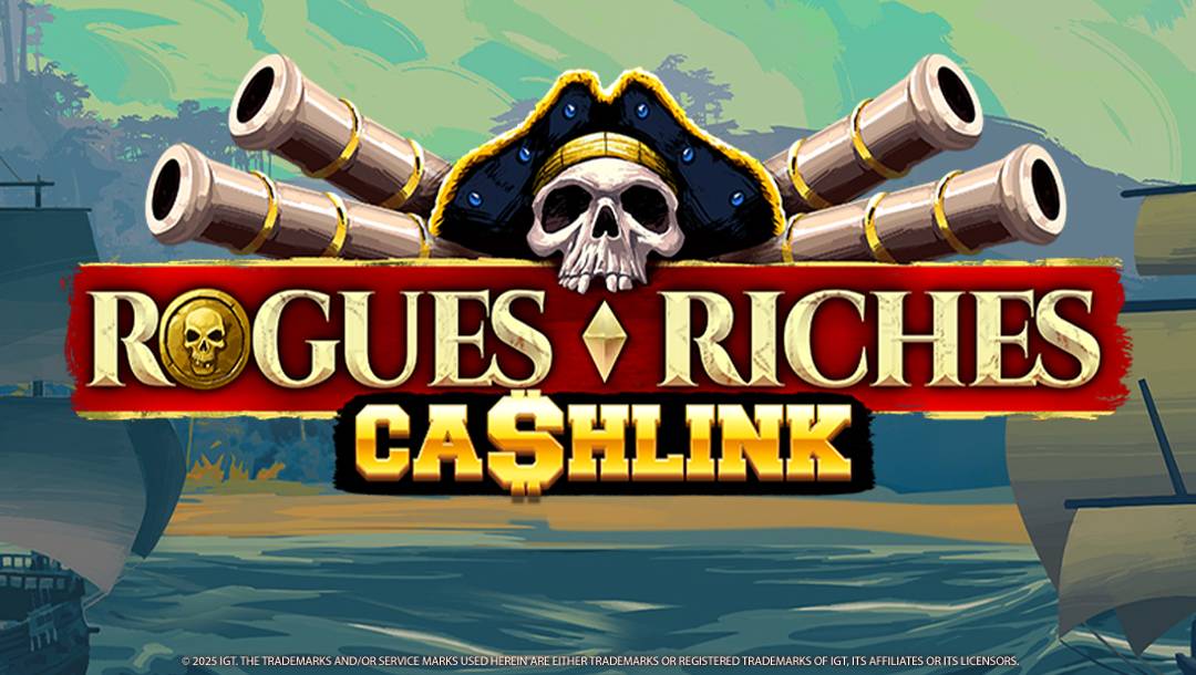 The Rogue Riches slot banner. The background shows two old sail ships near the beach of a tropical island. In the foreground is the game title. It has a skull with a pirate’s hat and two cannons facing outwards on either side.