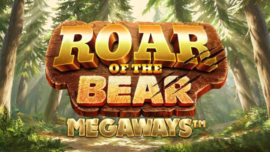 The word "Roar" is in metallic gold, while "Bear" is rendered with a realistic fur texture on a wooden-plank background. The logo is set within a sunlit, lush evergreen forest with tall pine trees and ferns.
