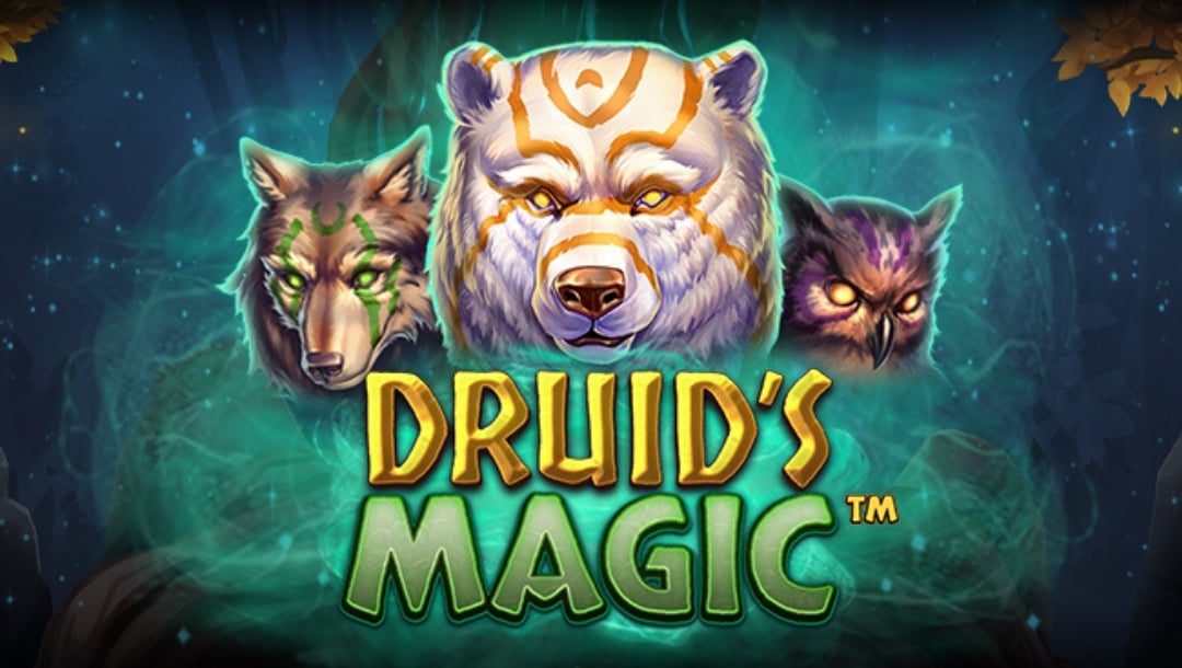 The title graphic for Druid's Magic featuring a large white bear with orange markings centered between a wolf with green glowing eyes and a purple-tinged owl. The game logo sits below the animals, surrounded by mystical green vapor and sparkling magical effects.