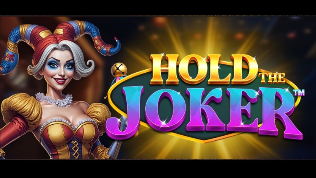 The Hold the Joker game title screen featuring a brightly coloured logo with gold and purple lettering. A female Joker character with a red, blue, and gold outfit appears on the left, set against a dark background with spotlight-style lighting.