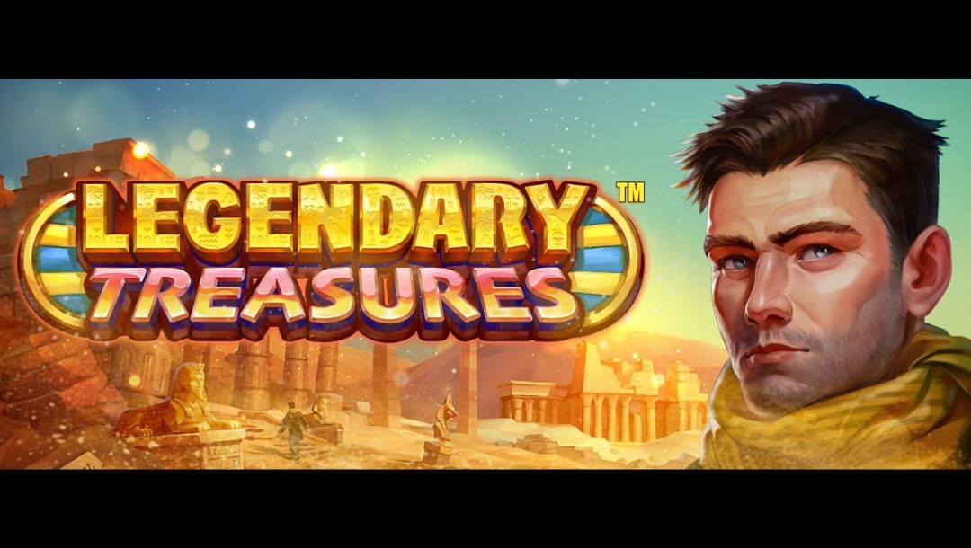 A high-detail illustration featuring the face of a male adventurer with dark hair on the right side. On the left, the game title is displayed in stylized gold and red text. The background consists of a bright, sun-lit Egyptian archaeological site with statues and stone pillars.