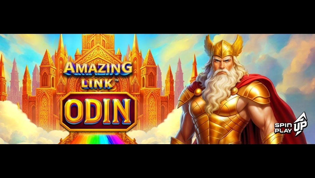 Amazing Link Odin promotional banner featuring Odin in gold armour and a flowing red cape standing before an ornate golden palace above the clouds, with the game logo positioned beside a glowing rainbow bridge.