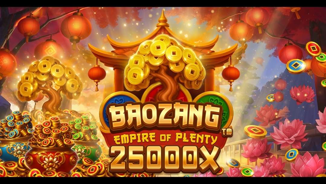 Baozang Empire of Plenty promotional artwork featuring a golden coin tree surrounded by overflowing treasure pots, floating coins, red lanterns, and pink lotus flowers, with the game title and 25,000x max win displayed against a glowing temple-inspired background.