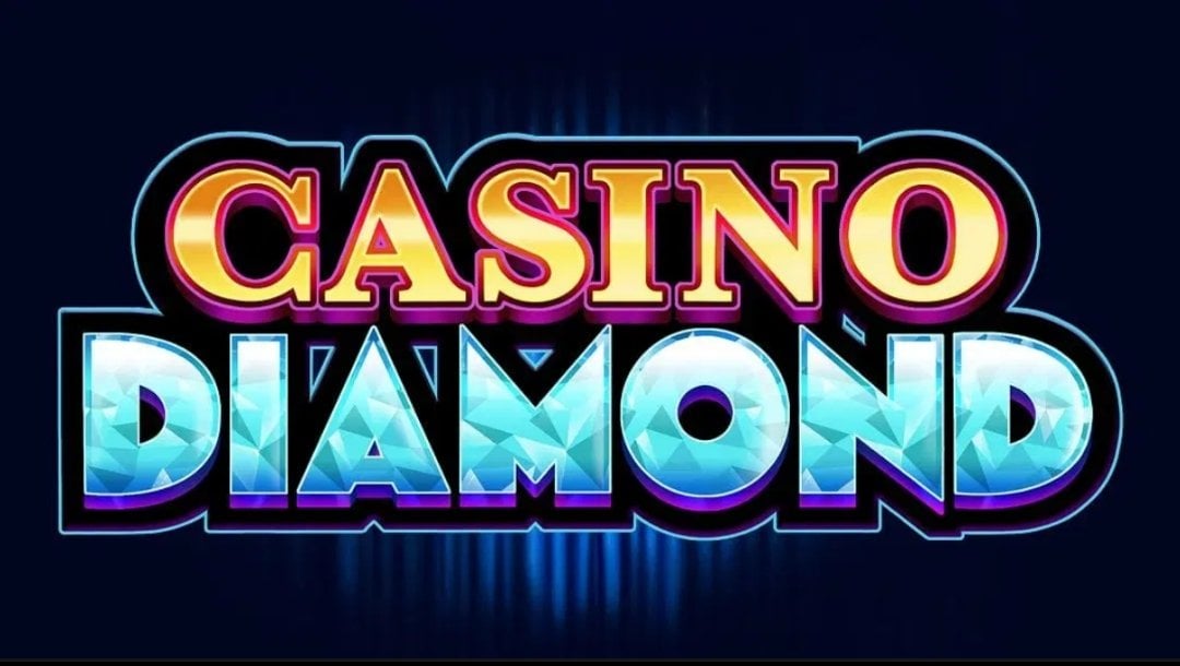 Casino Diamond game logo displayed against a dark blue gradient background with subtle spotlight effects. The word “CASINO” appears in gold and pink lettering above the word “DIAMOND,” which is styled with faceted light-blue gemstone textures and outlined in black and purple. The logo is centred on the screen and reflects the game’s diamond-themed casino aesthetic.
