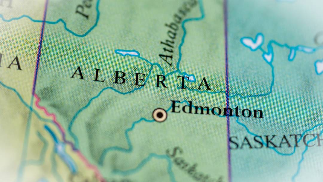 Close-up of a map showing Alberta in Canada.