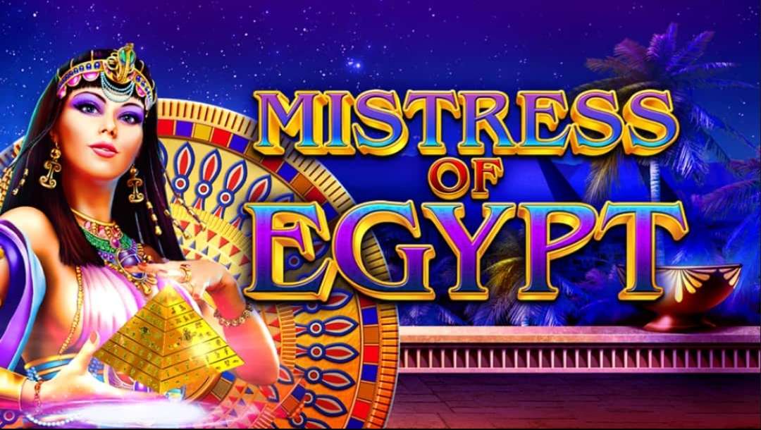 Mistress of Egypt promotional image featuring the royal Mistress character holding a glowing golden pyramid beside the game logo, with Egyptian-inspired artwork, decorative patterns, palm trees, and a rich purple and gold colour palette in the background.