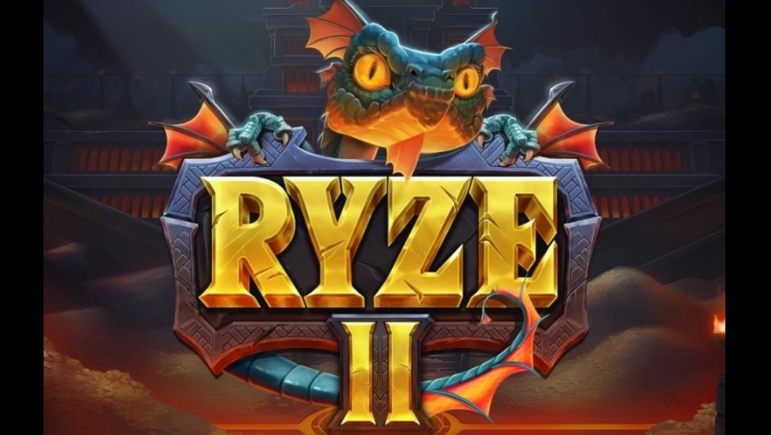 The Ryze 2 game logo displayed against a dark fantasy background filled with treasure and stone structures. A blue dragon with glowing yellow eyes and orange wings leans over the gold “RYZE II” title, with piles of gold coins and warm orange lighting visible throughout the scene.