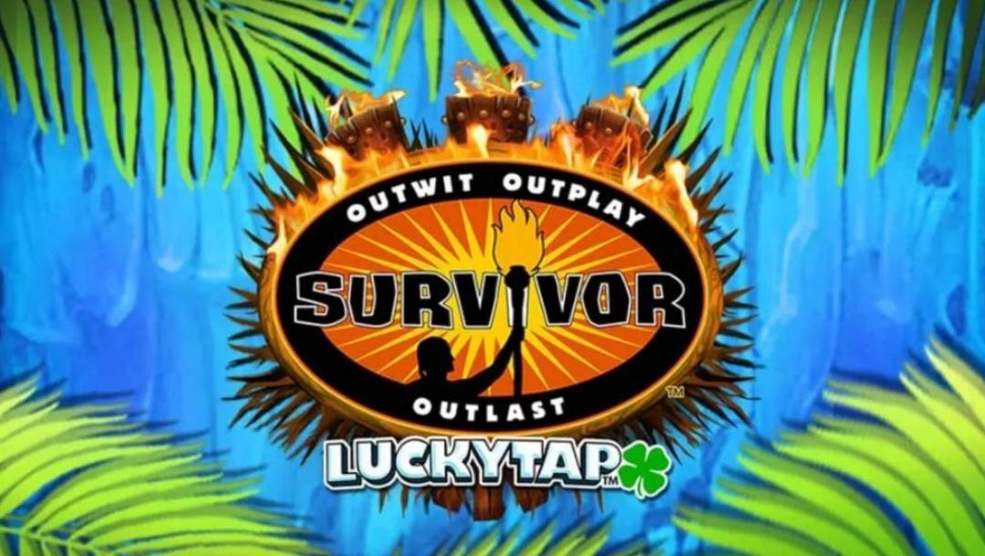 Promotional hero image for Survivor LuckyTap featuring the official Survivor Outwit Outplay Outlast logo above the LuckyTap branding against a bright blue jungle-themed background. Green tropical palm leaves frame the image from the top corners, while a flaming tribal torch motif surrounds the central Survivor emblem.