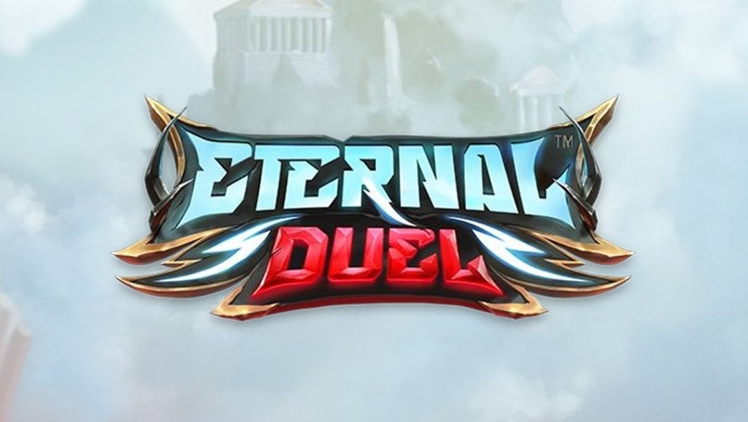Game graphic title screen reading "Eternal Duel" flanked by Zeus, a white-haired lightning god with glowing blue eyes at the top, and Hades, a fiery dark warrior at the bottom.