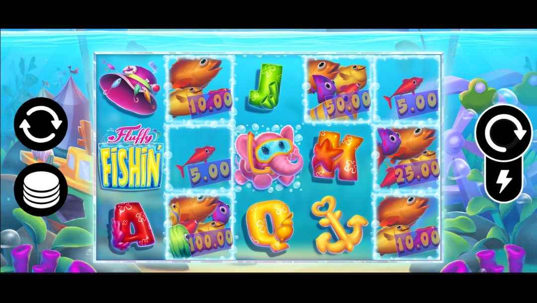 Screenshot of the Fluffy Fishin slot showing a 5x3 reel layout with Fish value symbols, card rank symbols, the Fluffy Fishin logo, and Nellie the Pink Elephant at the centre of the reels. Underwater scenery surrounds the game board, with spin and menu controls displayed on either side of the screen.