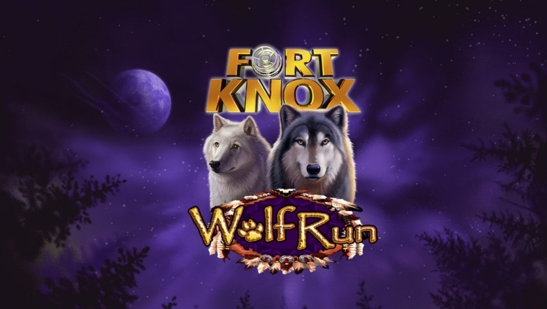 Promotional artwork for Fort Knox Wolf Run featuring a grey wolf and a white wolf positioned beneath the Fort Knox logo. The wolves stand against a dark purple night sky with a full moon and silhouetted trees in the background. The Wolf Run logo sits below the animals, emphasizing the game's blend of wilderness imagery and Fort Knox branding.