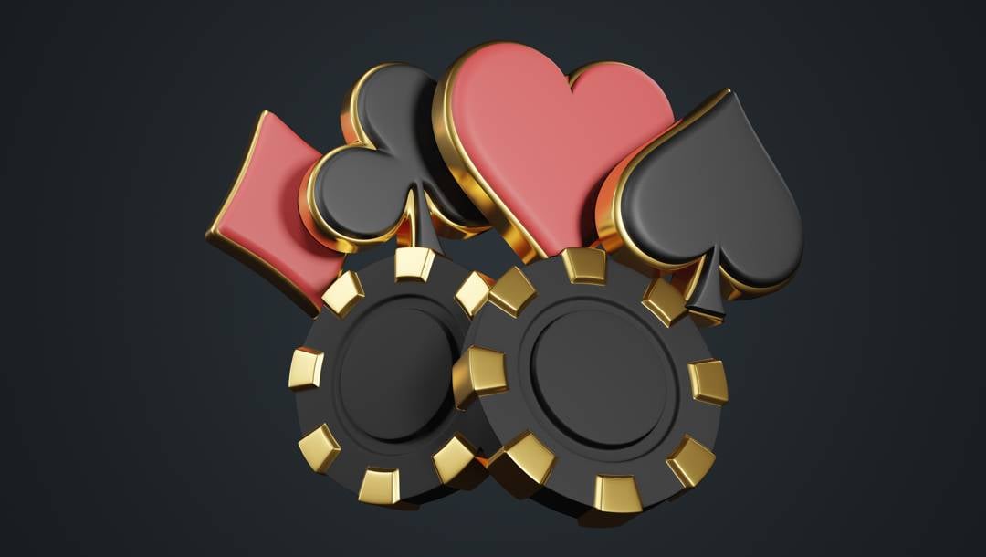 A 3D casino graphic shows gold-trimmed poker chips surrounded by red and black playing card suit symbols.