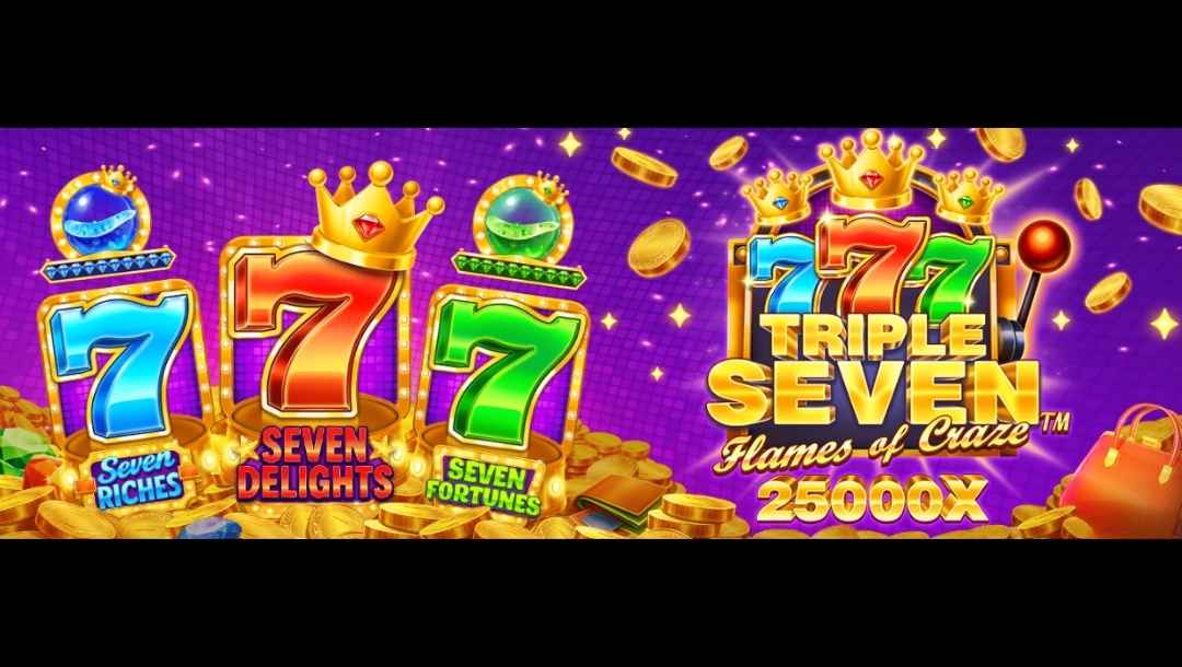 A banner for Triple Seven Flames of Craze showing large blue, red, and green triple seven symbols representing Seven Riches, Seven Delights, and Seven Fortunes. The game logo highlights a 25,000x top prize and is surrounded by gold coins, crowns, and classic slot machine imagery on a purple background.