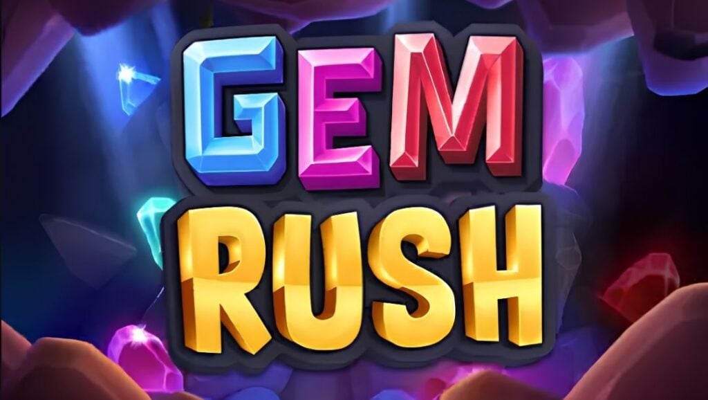 Gem Rush logo in blue, pink, red, and gold lettering against a dark cave filled with glowing colourful crystals.