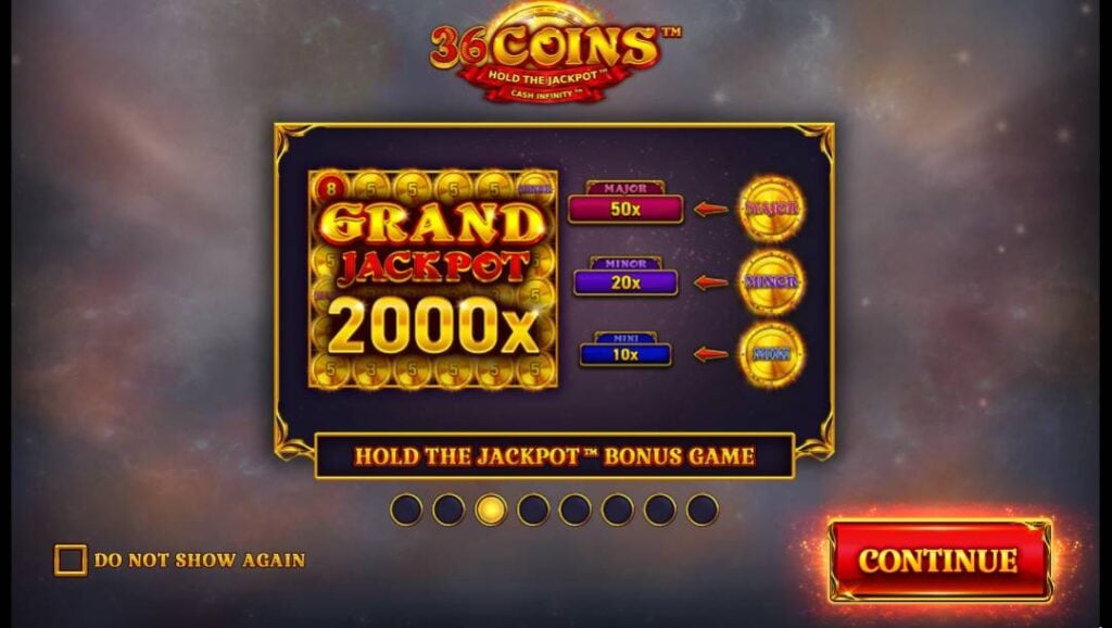 A screenshot of the loading screen for the 36 Coins Hold the Jackpot slot game, displaying Grand (2000x), Major (50x), Minor (20x), and Mini (10x) jackpot multipliers alongside a glowing red Continue button.