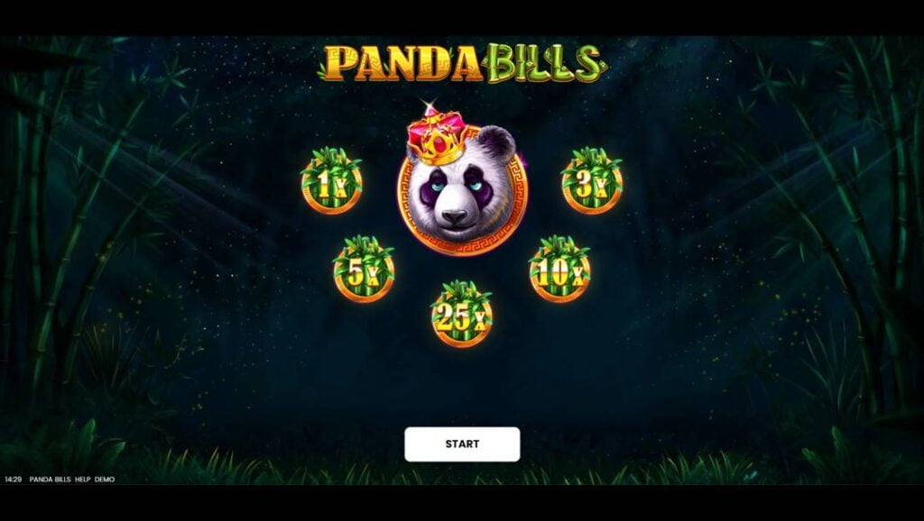 Loading screen for the slot game "Panda Bills," featuring a crowned panda head surrounded by bamboo multiplier symbols above a "Start" button against a dark bamboo forest backdrop.