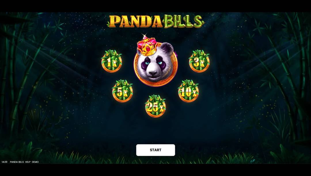 Loading screen for the slot game "Panda Bills," featuring a crowned panda head surrounded by bamboo multiplier symbols above a "Start" button against a dark bamboo forest backdrop.