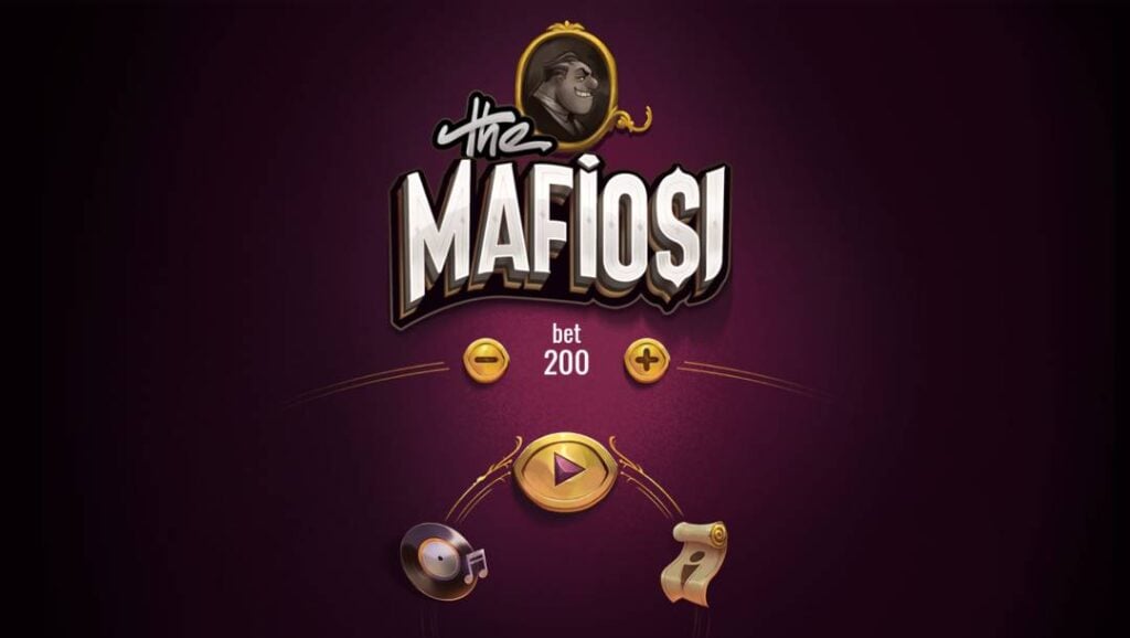 Game title screen for "The Mafiosi" displaying a bet setting of 200, a central play button, and audio and info icons against a dark purple background.