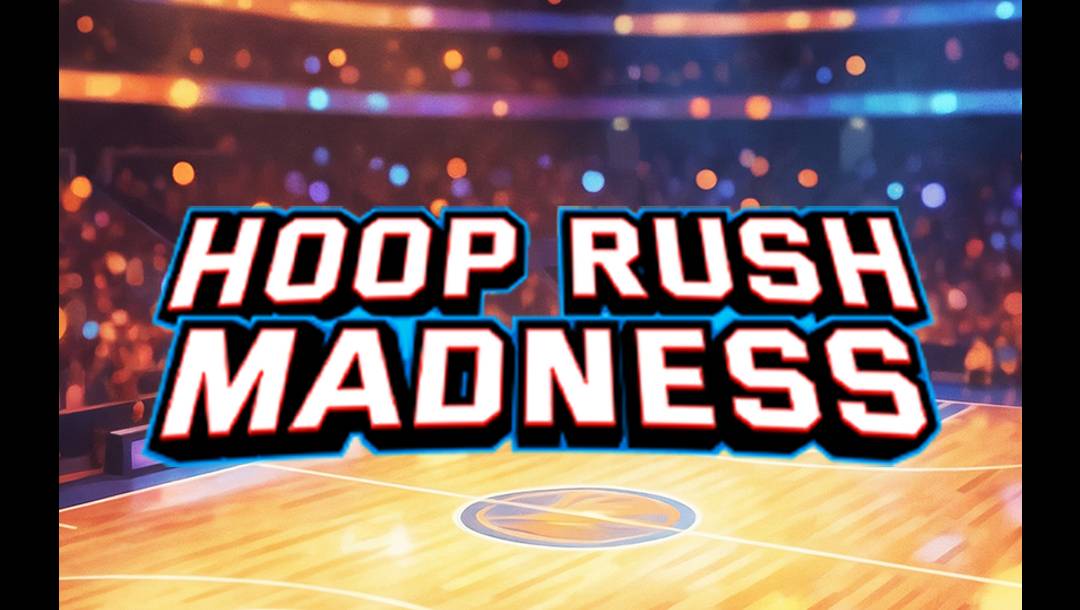 A banner for the slot Hoop Rush Madness featuring the text Hoop Rush Madness in bold white letters with a blue outline, set against a blurred background of a brightly lit basketball court and arena.
