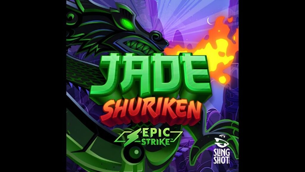 Jade Shuriken title graphic with green and red lettering, a large green dragon breathing fire in the background, and the Slingshot Studios logo.