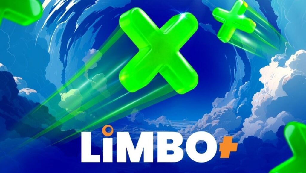 Limbo+ game logo with green multiplier symbols against a blue sky and cloud background.