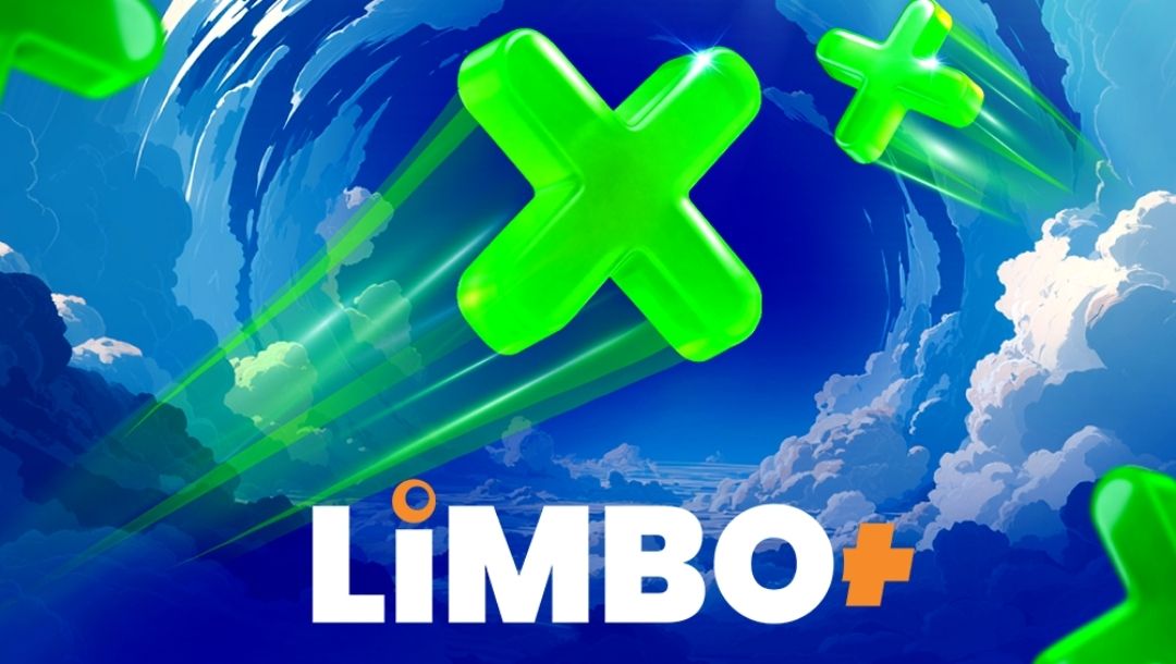 Limbo+ game logo with green multiplier symbols against a blue sky and cloud background.