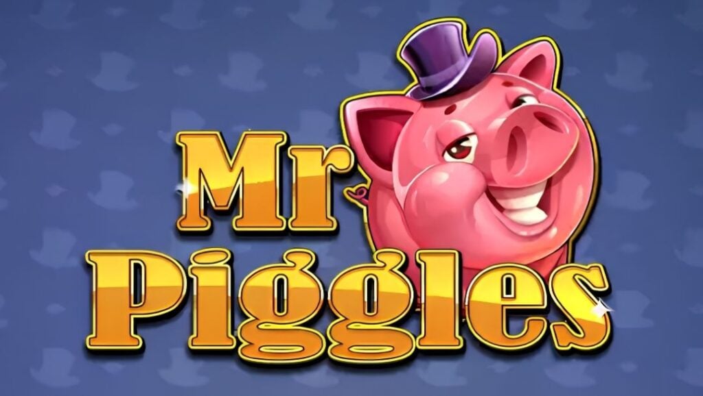 Mr Piggles logo in large gold lettering beside a smiling pink cartoon pig wearing a purple top hat on a blue background.