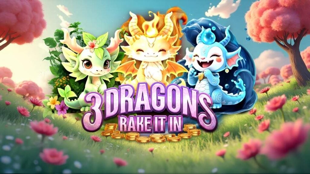 3 Dragons Rake It In logo featuring three cute animated green, yellow, and blue baby dragons on a field of pink cherry blossom trees and flowers.