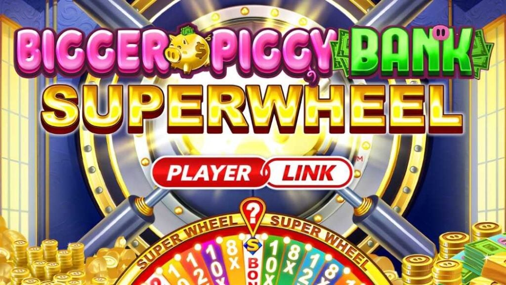 Bigger Piggy Bank Superwheel game title in large pink, green, and gold letters set against a bank vault door surrounded by gold coins and cash bundles.