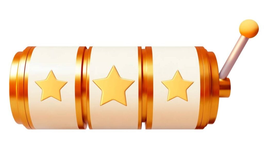 A stylized 3D slot machine reel with a side lever displays a winning combination of three yellow stars on a plain white background.