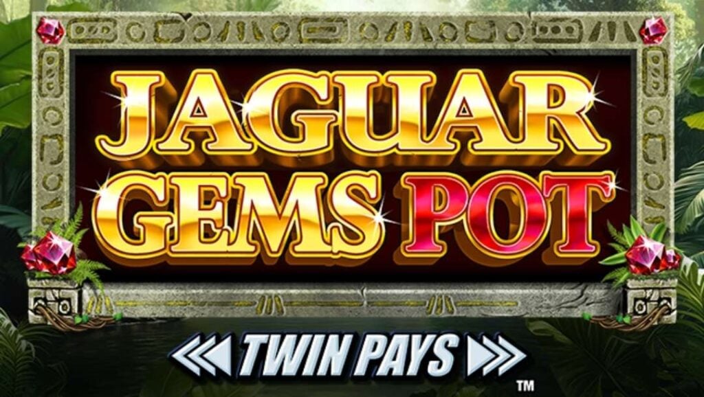 Jaguar Gems Pot online slot game logo with Twin Pays branding framed in carved jungle stone.
